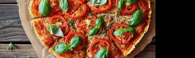 Há uma pizza com tomates e manjericão num pedaço de papel.