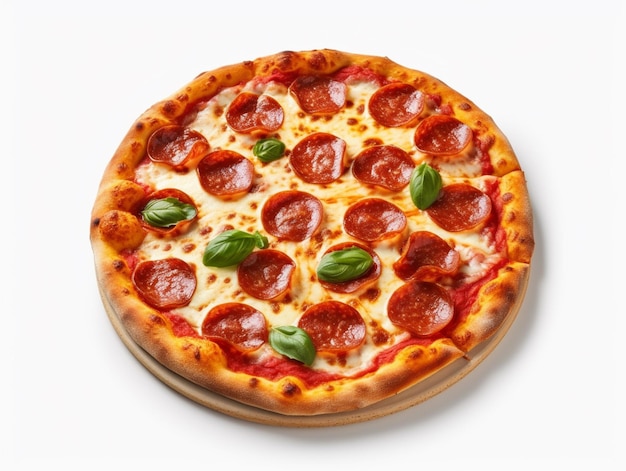 Há uma pizza de pepperoni com manjericão por cima em uma placa de madeira generativa ai