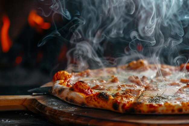 Foto há uma pizza numa tábua de madeira com fumaça a sair dela.