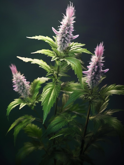 Há uma planta com flores cor-de-rosa em uma sala escura generativa ai