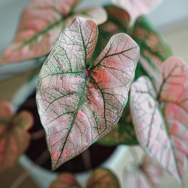 Foto há uma planta com uma folha rosa em um pote branco generativo ai