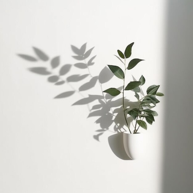 Há uma planta em um vaso branco com uma sombra de folhas generativas ai