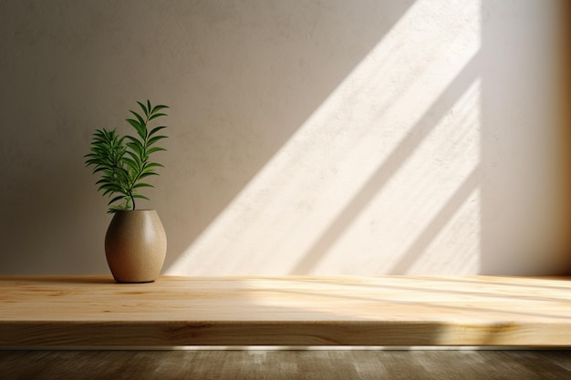 Há uma planta em um vaso em uma mesa de madeira generativa ai