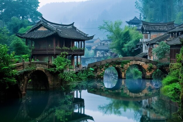 Há uma ponte que é sobre um pequeno rio no meio de uma aldeia generativa ai