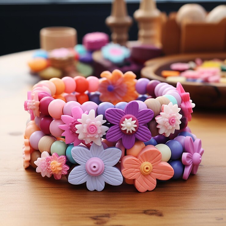 Foto há uma pulseira com flores e contas numa mesa.