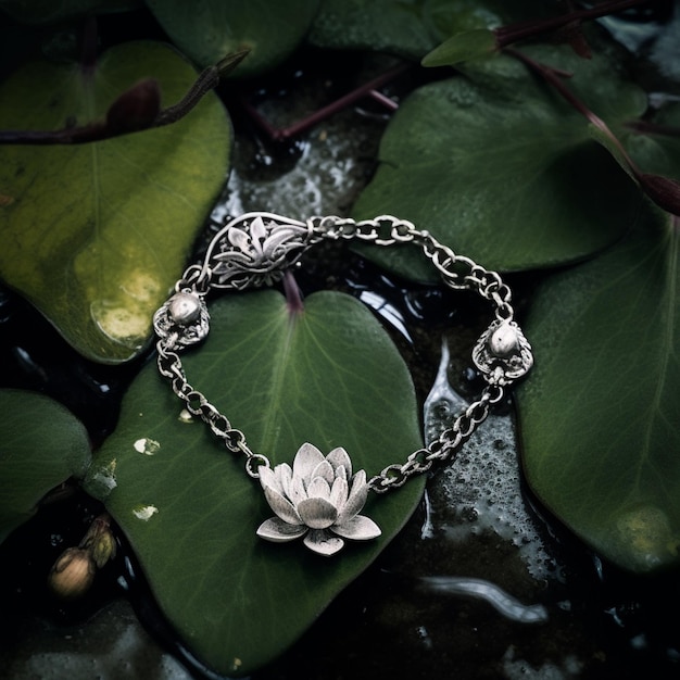 Há uma pulseira com uma flor sobre ela sentada em uma folha generativa ai