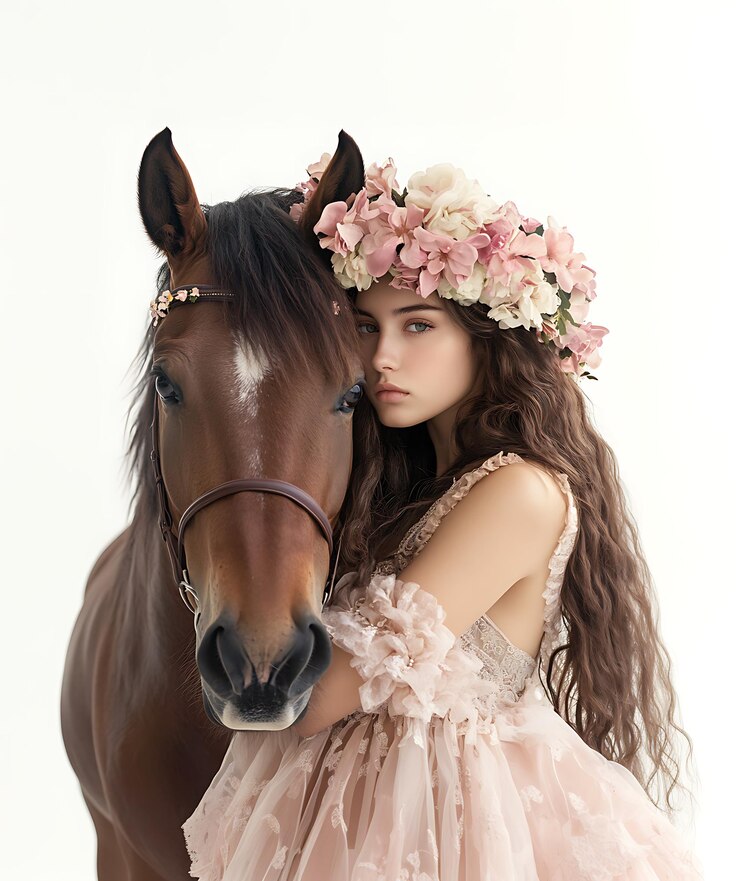Foto há uma rapariga com um vestido e um cavalo