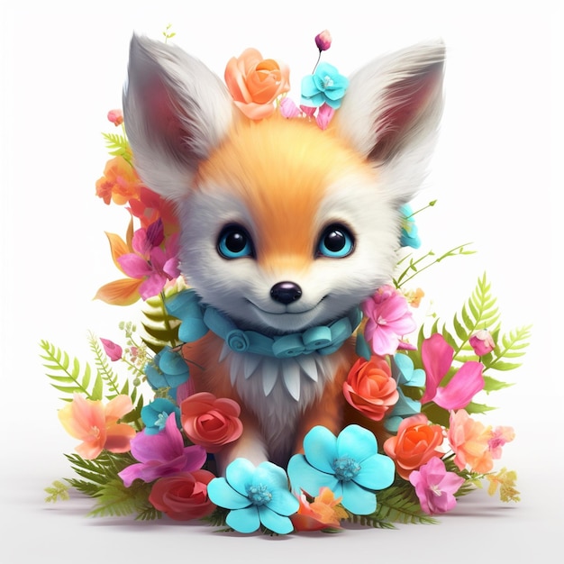 Há uma raposa com uma gravata e flores ao redor dela.