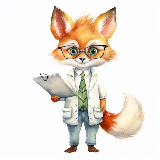 Há uma raposa de desenho animado vestindo um casaco de laboratório e óculos generativos ai