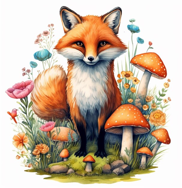 Há uma raposa sentada na grama com cogumelos e flores generativas ai