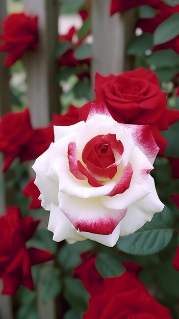 há uma rosa branca e vermelha com um centro vermelho generativo ai