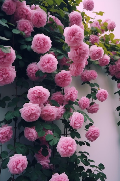 há uma roseira rosa com flores rosa crescendo nela ai generativa