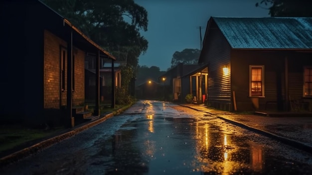 Há uma rua molhada com uma luz acesa e edifícios em ambos os lados generativos ai