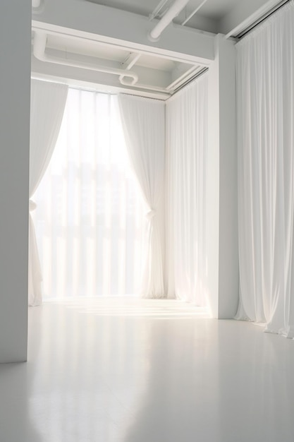há uma sala branca com uma cortina branca e uma janela generativa ai