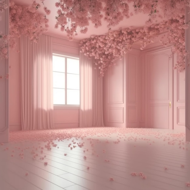 há uma sala com muitas flores cor de rosa no chão ai generativa