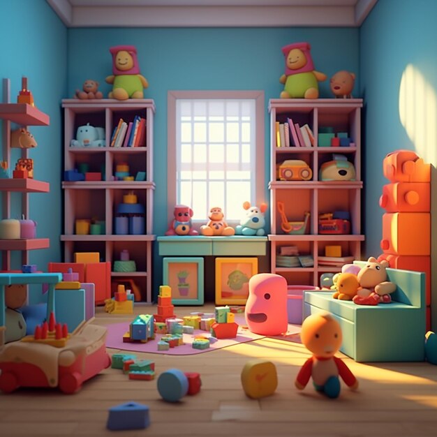 Foto há uma sala com muitos brinquedos e uma janela.