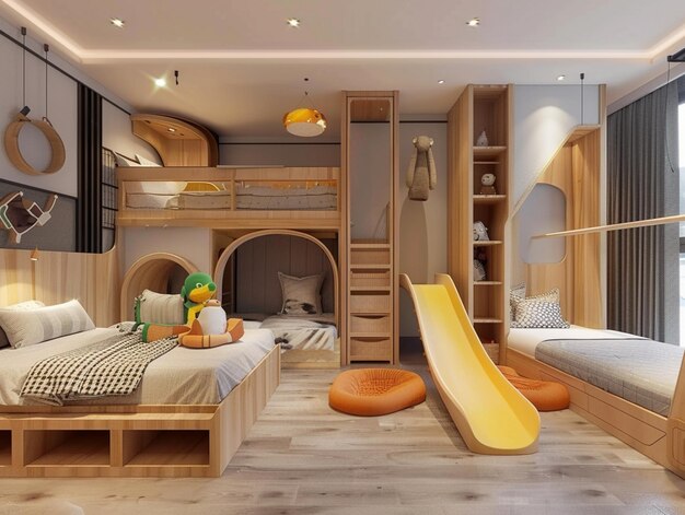Foto há uma sala com um escorregador e uma cama com um escoro generativo ai