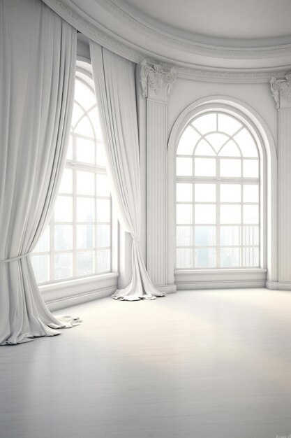 há uma sala com uma grande janela e piso branco gerador de ai
