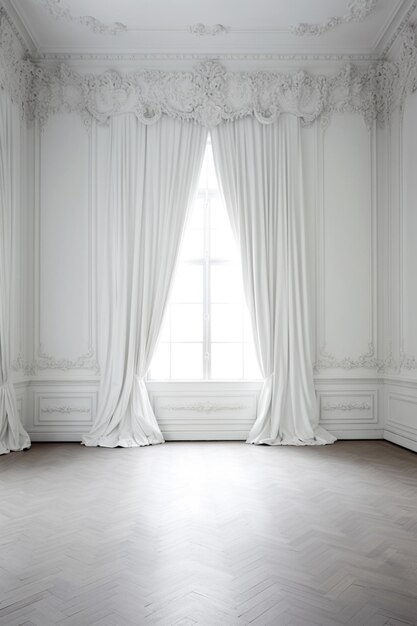 há uma sala com uma grande janela e uma cortina branca generativa ai