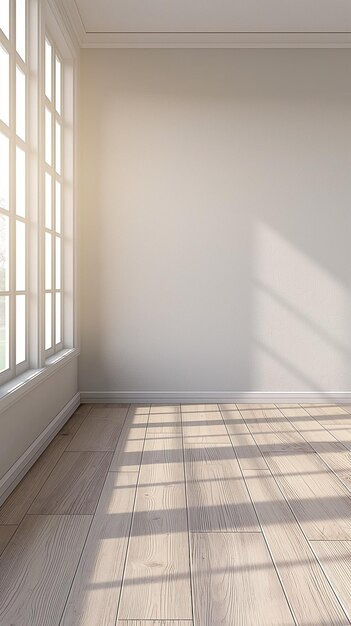 Há uma sala com uma janela e um chão de madeira generativo ai