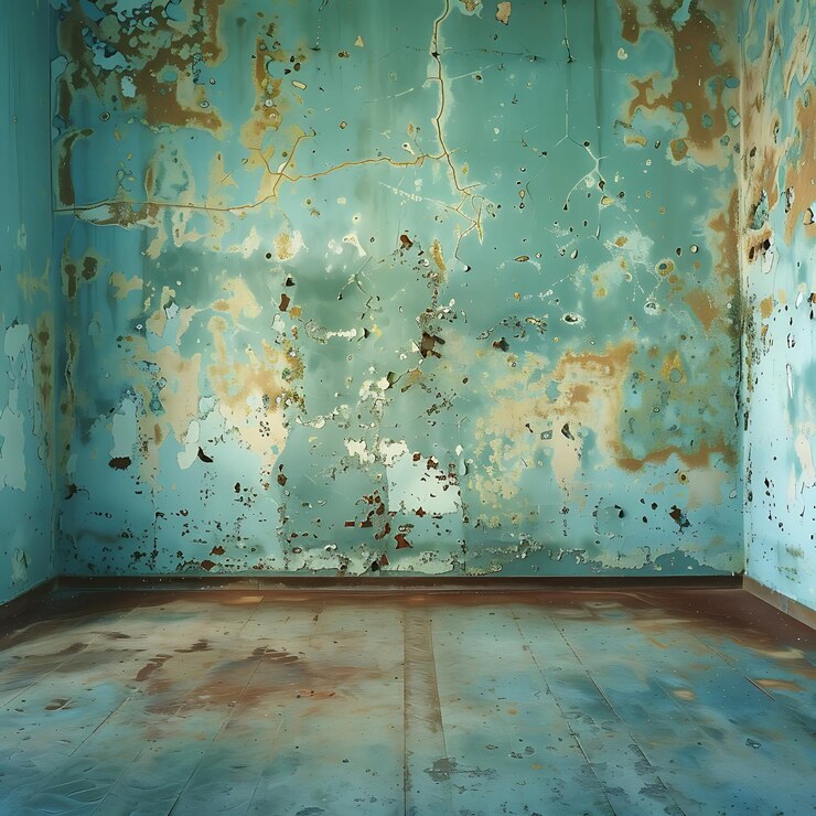 Foto há uma sala com uma parede azul e um chão marrom
