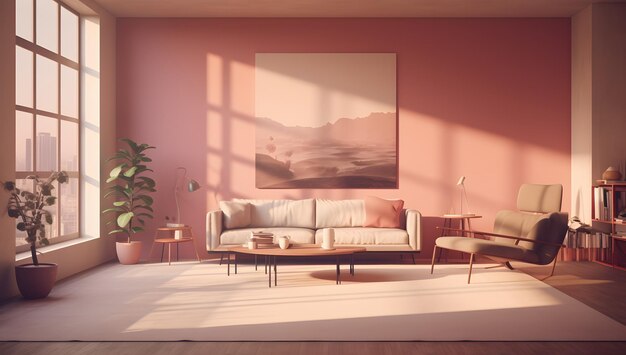 Há uma sala de estar com um sofá. IA generativa.