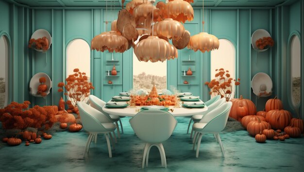 Foto há uma sala de jantar com mesa e cadeiras e abóboras generativas ai