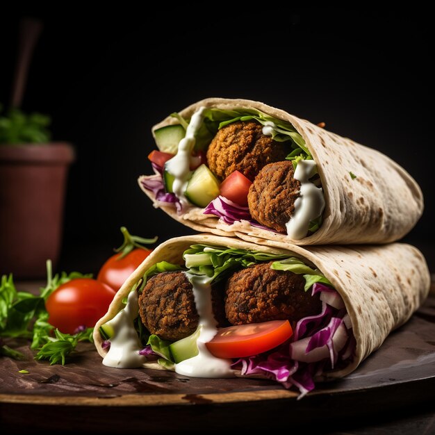 Há uma sanduíche de pita com carne e vegetais em uma tábua de madeira generativa ai