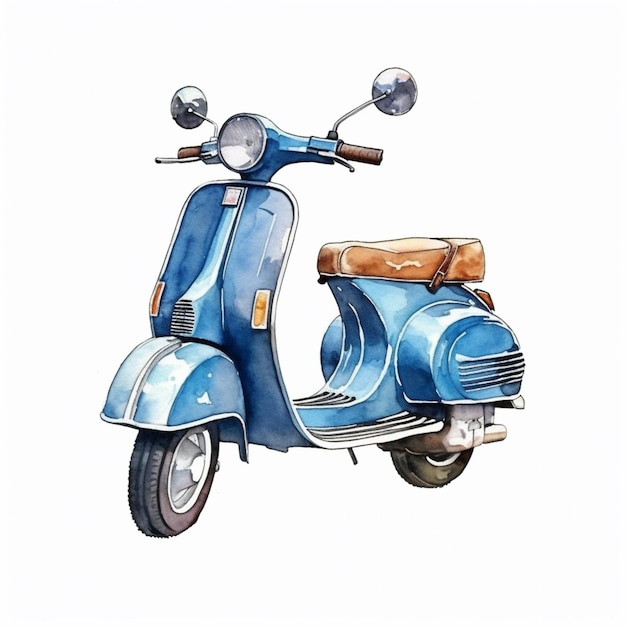 Há uma scooter azul com um assento marrom e um assento marrom generativo ai