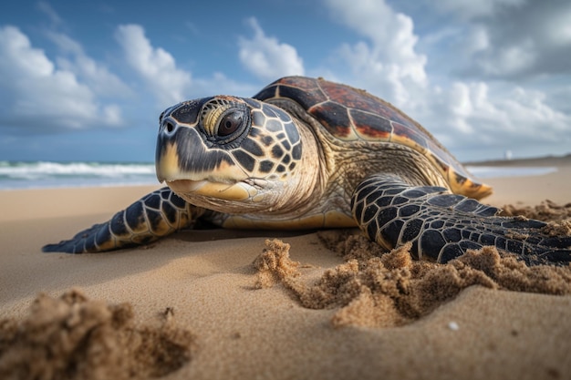 Há uma tartaruga que está deitada na areia na praia generativa ai