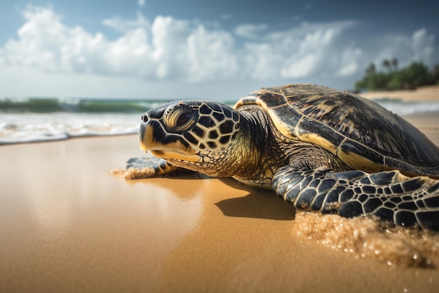 Há uma tartaruga que está deitada na areia perto da fonte de água.