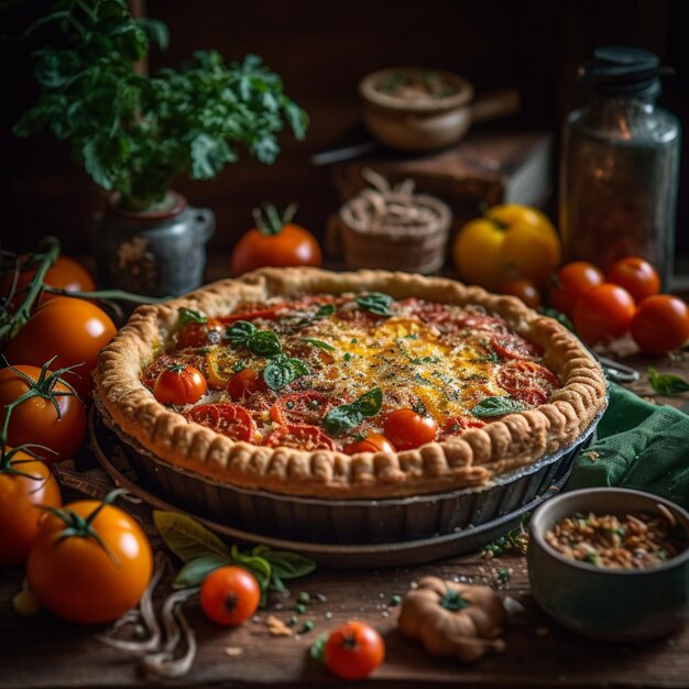 Foto há uma tarte com tomates e queijo em uma mesa generativa ai