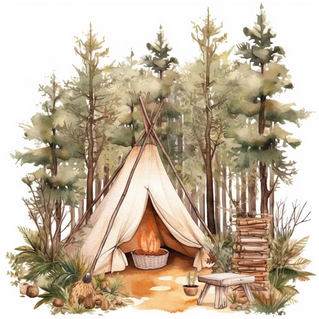 Há uma tenda com uma fogueira dentro dela na floresta generativa ai