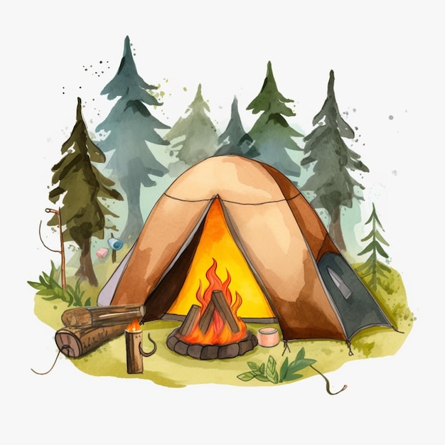 Há uma tenda com uma fogueira dentro dela na floresta generativa ai