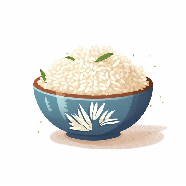 Foto há uma tigela de arroz com um galho de folhas verdes nela.