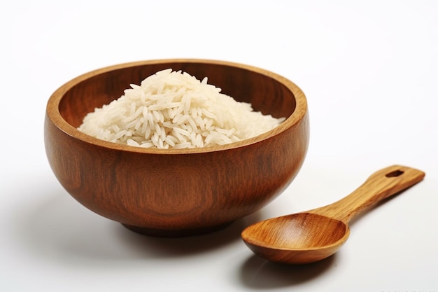 há uma tigela de arroz de madeira e uma colher de pau generativa ai