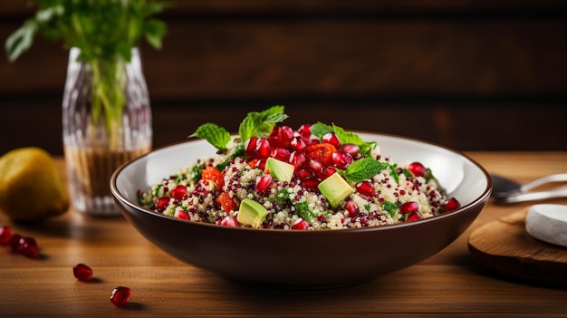 Há uma tigela de comida com abacate e romã generativa ai