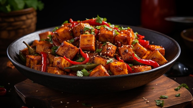 Há uma tigela de comida com tofu e pimentas numa mesa.