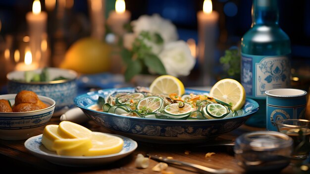 há uma tigela de comida em uma mesa com rodelas de limão IA generativa