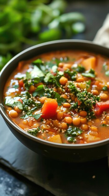 Há uma tigela de sopa com vegetais e pão em uma mesa