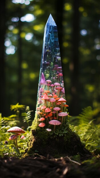 Foto há uma torre de vidro com cogumelos crescendo fora dela.
