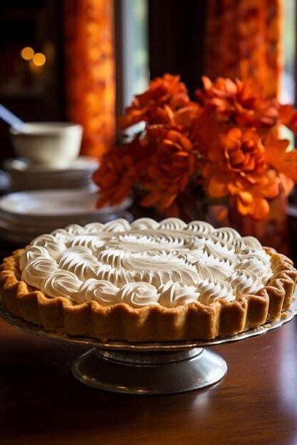 há uma torta em uma mesa com um vaso de flores no fundo generativo ai