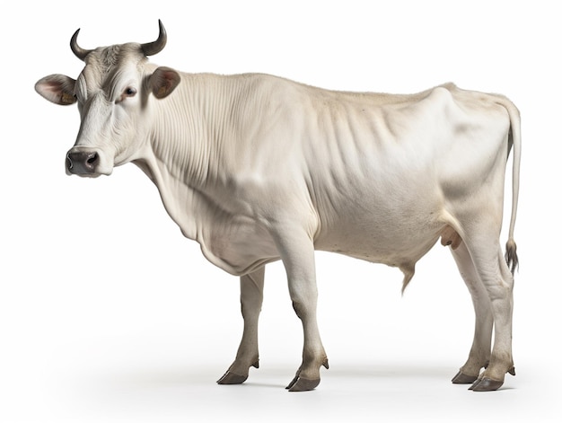 Há uma vaca branca de pé em uma superfície branca generativa ai