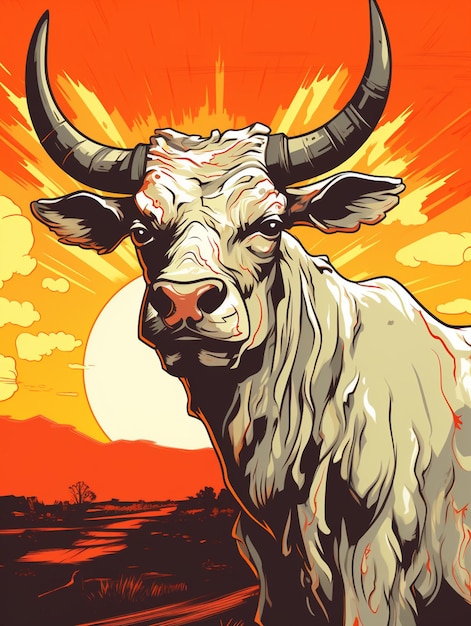 Há uma vaca com chifres de pé num campo ao pôr-do-sol.