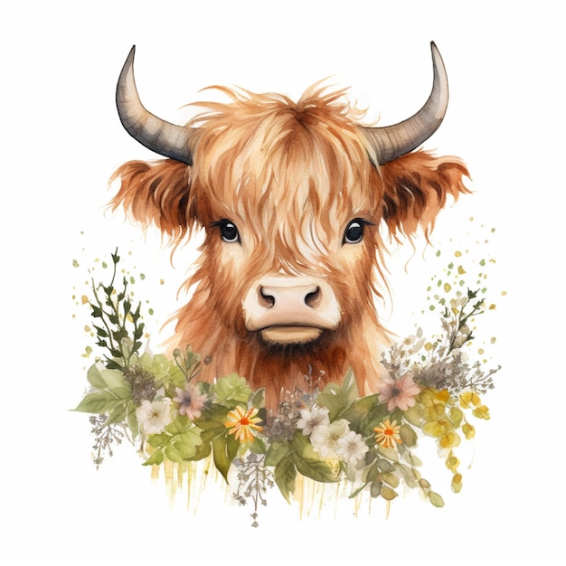 Há uma vaca com chifres e flores na cabeça generativa ai