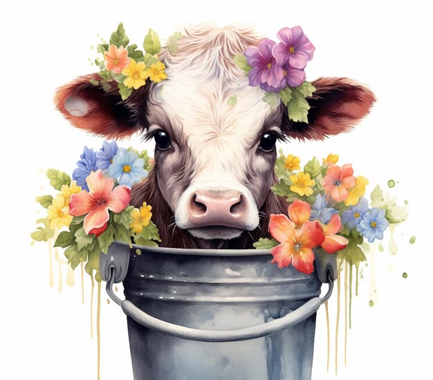 há uma vaca com flores na cabeça saindo de um balde generative ai