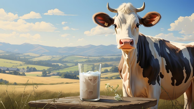 Há uma vaca parada ao lado de um copo de leite generativo ai