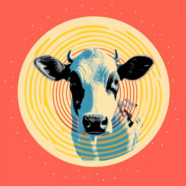 Foto há uma vaca que está olhando para a câmera com um fundo vermelho generativo ai