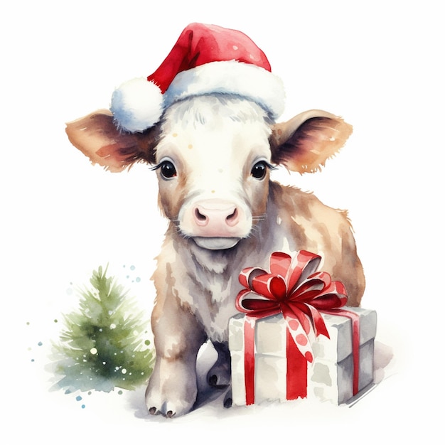 Há uma vaca usando um chapéu de Papai Noel e segurando um presente generativo ai