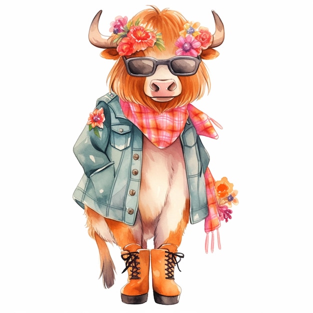 Há uma vaca usando um lenço e óculos de sol e uma jaqueta generativa ai
